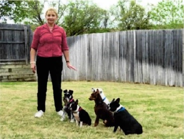 Woman standing next to 5 small dogs